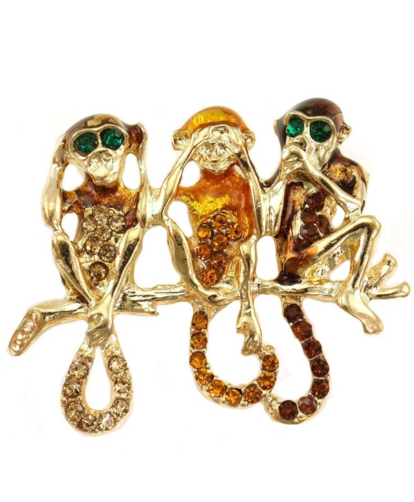 Funny Three Chimpanzee Monkey Animal Pin Brooch Brown Rhinestone Fashion Jewelry - C71194ZX3AH