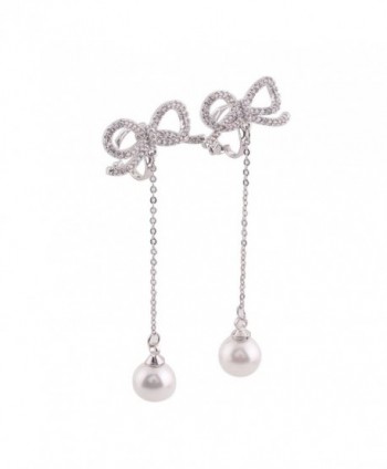 Platinum Plated AAA CZ Bowknot Clip on Earrings Without Piercing for Women Long Pearl Earrings - CD17Z6TQ893