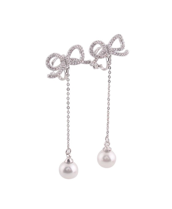 Platinum Plated AAA CZ Bowknot Clip on Earrings Without Piercing for Women Long Pearl Earrings - CD17Z6TQ893