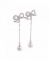 Platinum Plated AAA CZ Bowknot Clip on Earrings Without Piercing for Women Long Pearl Earrings - CD17Z6TQ893