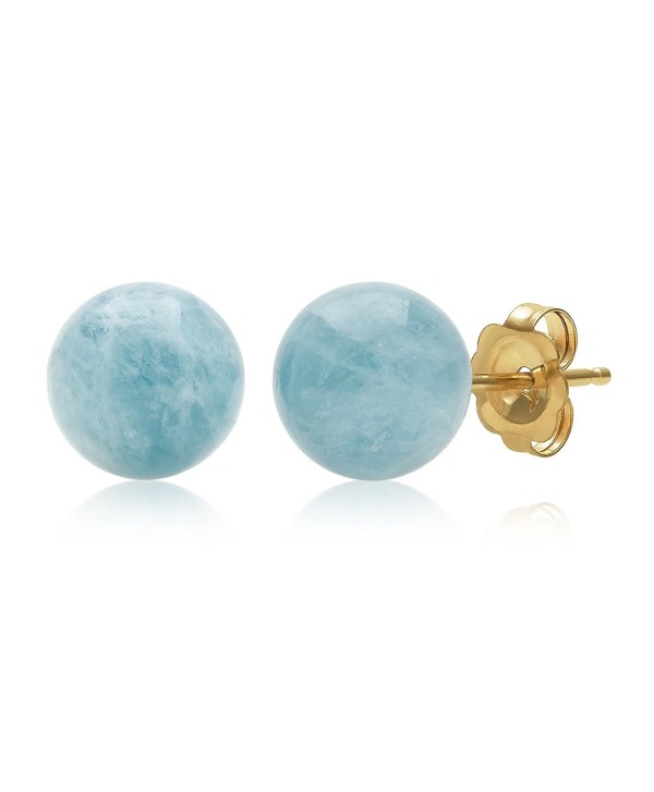 14k Yellow Gold Natural Milky Aquamarine Gemstone Round Blue Unisex Stud Earrings - CL12O6PVNZB