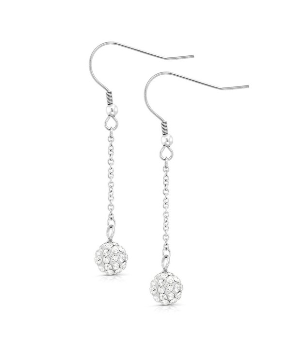 1.75 Inch 8mm White Pave Crystal Disco Ball Dangle Earrings - CQ116QIQGBT