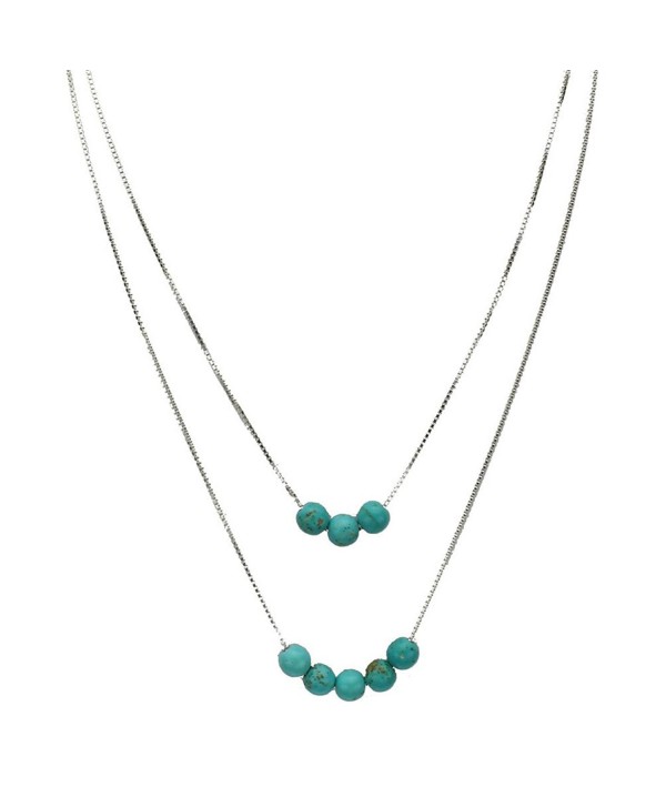 2-Strand Simulated Turquoise Stone Beads Sterling Silver Box Chain Necklace - CY1221IZAGN