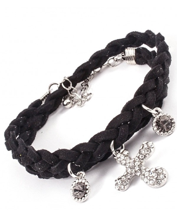 Bohemian Love Colorful Leather Braided Cord Crystal Cross Charm Wrap Bracelet - Black - C911LC49IIP