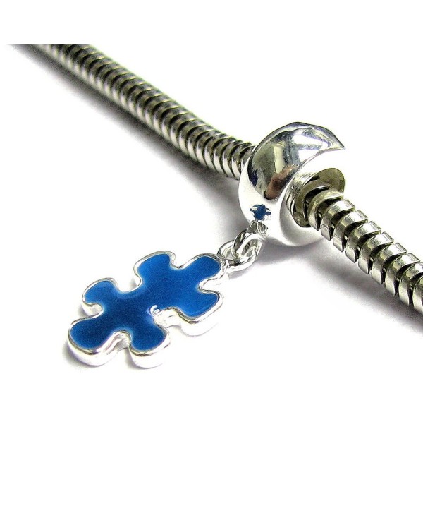 925 Sterling Silver Autism Awareness Jigsaw Puzzle Blue Enamel Dangle For European Charm Bracelets - CP11KMD1CZJ