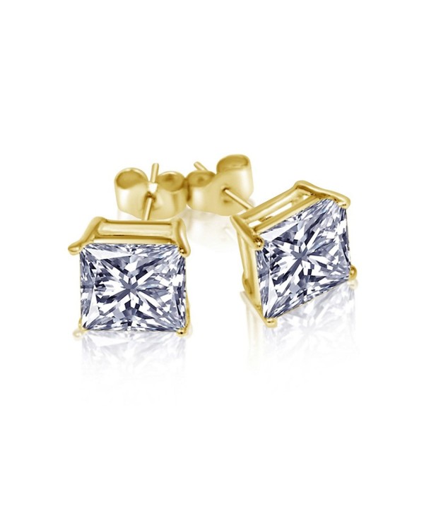 Gold Overlay Princess Cut Stud Unisex Earrings CZ 925 Sterling Silver Cubic Zirconia 3 CT - CX12EYL3D51