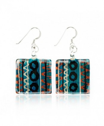 925 Sterling Silver Hand Painted Murano Glass Multi-Colored Blue Square Dangle Earrings 1.7" - CX11WRCZGZZ