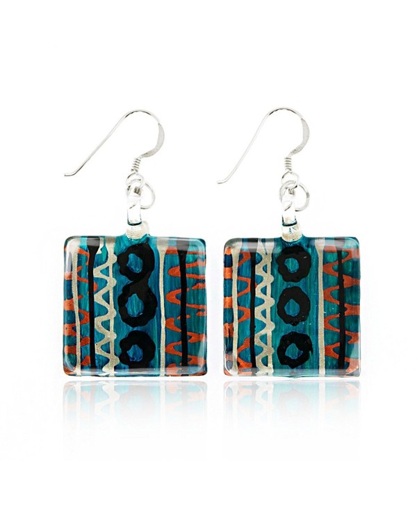 925 Sterling Silver Hand Painted Murano Glass Multi-Colored Blue Square Dangle Earrings 1.7" - CX11WRCZGZZ