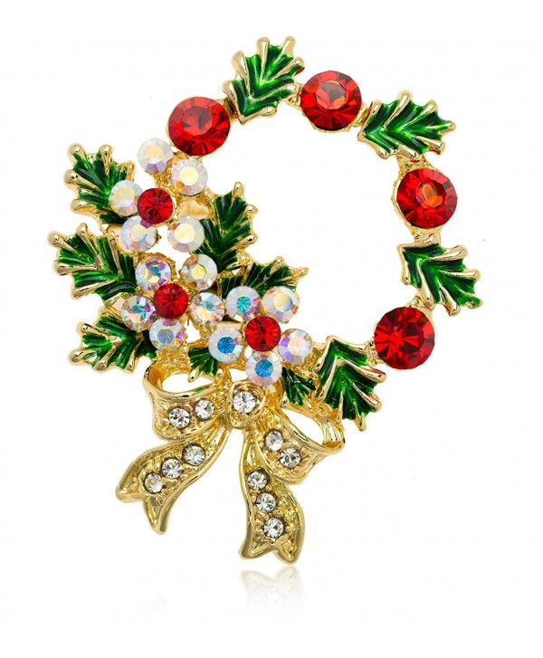 Akianna Gold-tone Swarovski Element Crystals Christmas Wreath Pin Brooch - C8126NQRJO1