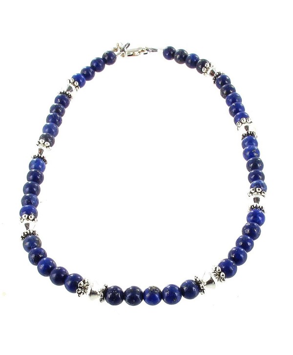 Womens Lapis Lazuli & Sterling Silver Ladies Beaded Gemstone Anklet with Daisies - CL11CTHKORN
