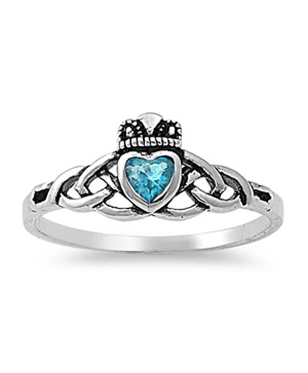 CHOOSE YOUR COLOR Sterling Silver Claddagh Celtic Knot Ring - Simulated Aquamarine - CD187YYGLU9