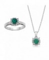 Jewelili Sterling Silver Emerald with Created White Sapphire Halo Pendant Necklace And Ring Box Set- Size 7 - CE1855C6T5R