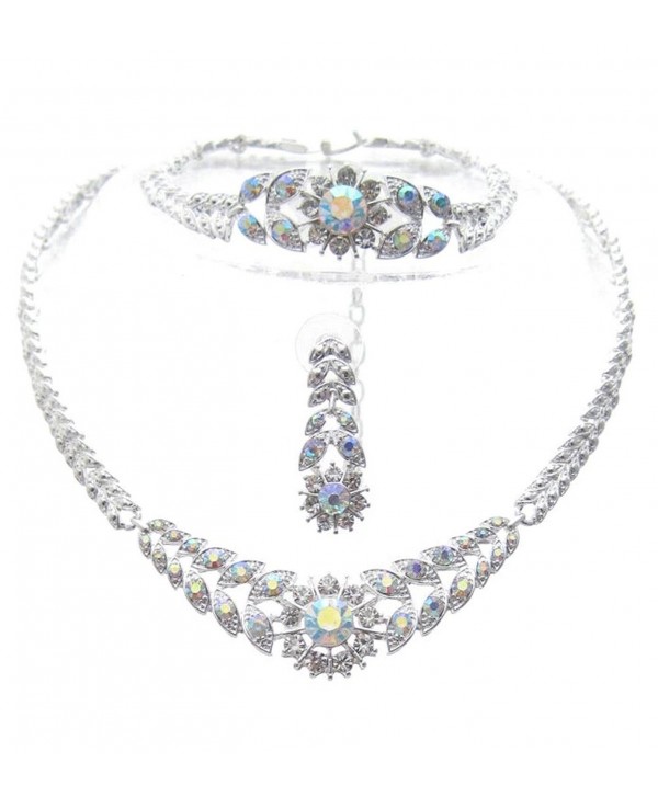 Crystal Sunburst 3 Piece Bling Bridal Necklace Earring AB IRIDESCENT SilverTone - CI11FQP5G7D