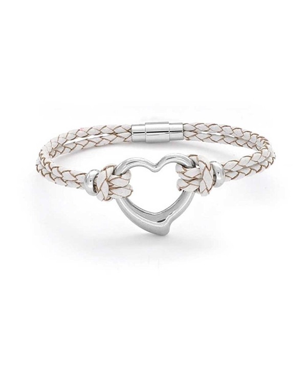 Bling Jewelry Stainless Steel Heart White Leather Bracelet Braided Cord - CV11017GCNX
