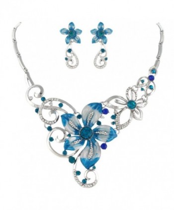 EVER FAITH Women's Austrian Crystal Enamel Orchid Flower Necklace Earings Set - Blue Silver-Tone - CC11LYNQ8RN