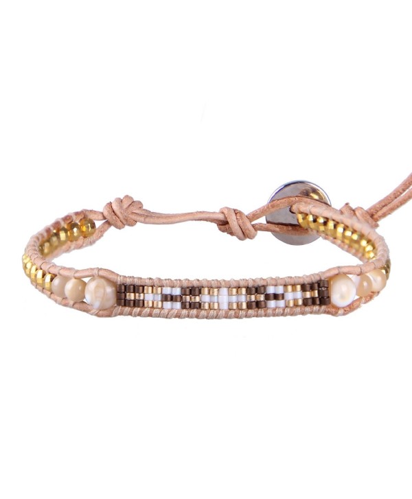 KELITCH Bohemian Seed Beaded Leather Charm Bracelet with Semi-precious Stones - Mother-of-pearl - C912J788QJ9