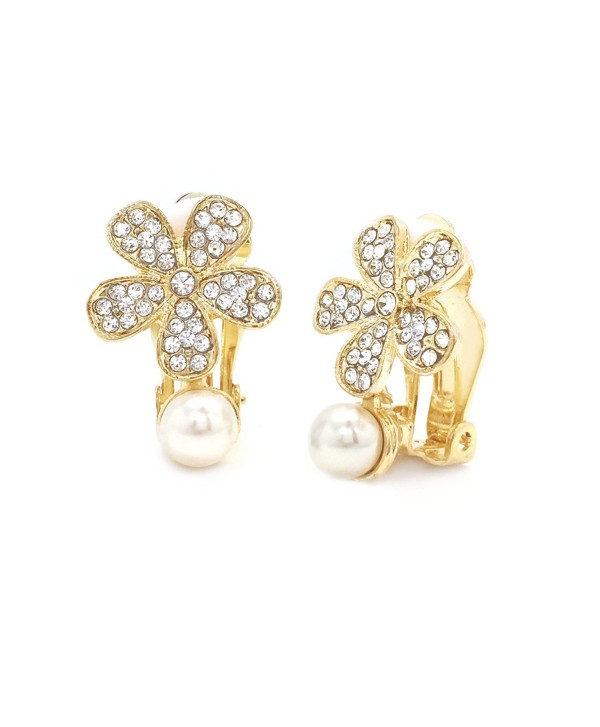 Simulated Pearl Clip On Earrings Flower Crystal Gold Plated Women Fashion - CX12869D0PZ