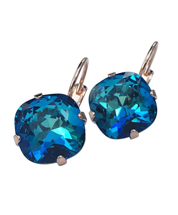 HisJewelsCreations Cushion Cut Large Square Stone Crystal Earrings - Bermuda Blue - CJ17YHC3S96