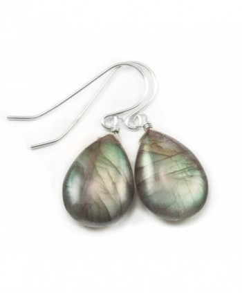 Sterling Silver Labradorite Earrings Smooth Fat Teardrop Blue Green Gold Flash Dangle Drops - C411DMKD9KZ