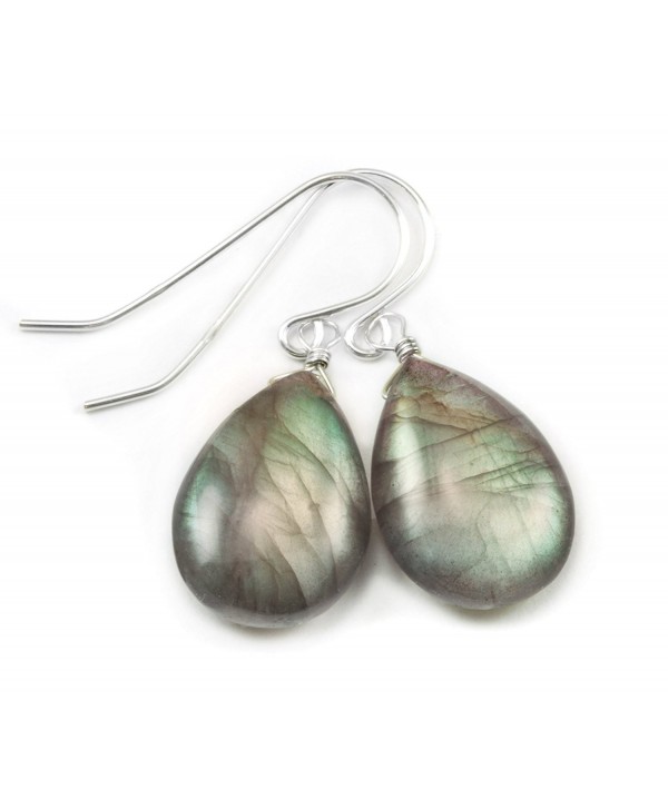 Sterling Silver Labradorite Earrings Smooth Fat Teardrop Blue Green Gold Flash Dangle Drops - C411DMKD9KZ