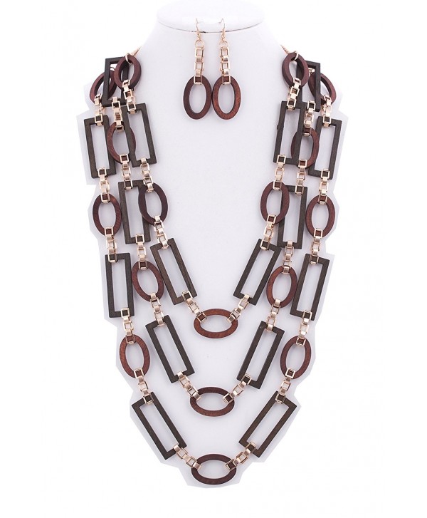 WOMEN'S FASHIONABLE 3-LAYER WOOD NECKLACE AND EARRINGS SET - Designed In USA - GOLD WOOD - CP1863X3O62