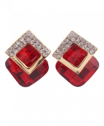 Grace Jun Luxury Bridal Rhinestone Crystal Square Shape Clip on Earrings Non Piercing for Women Ear Clip - Red - CC182KZEURM