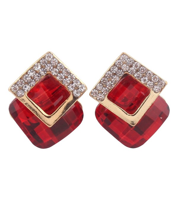 Grace Jun Luxury Bridal Rhinestone Crystal Square Shape Clip on Earrings Non Piercing for Women Ear Clip - Red - CC182KZEURM