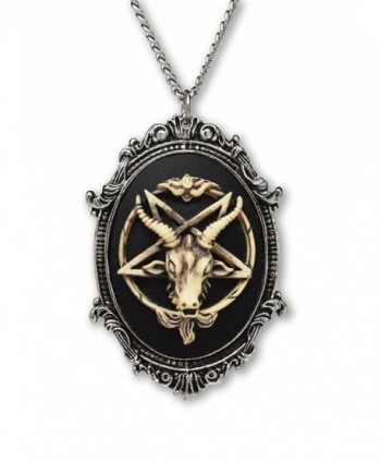 Antiqued Goat Head Satanic Baphomet Cameo Bone on Black In Silver Finish Frame Pendant Necklace - CJ12NV1POIX