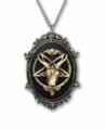 Antiqued Goat Head Satanic Baphomet Cameo Bone on Black In Silver Finish Frame Pendant Necklace - CJ12NV1POIX