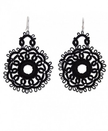 NOVICA Crochet Cotton Dangle Earrings with .925 Sterling Silver Hooks 'Black Flower Blossom' - CU12KLHBIPT