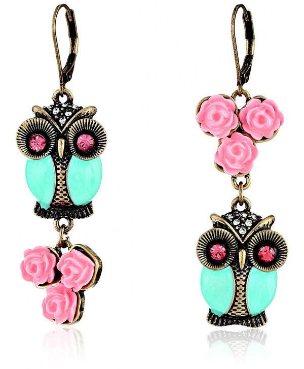 Betsey Johnson Women's Pet Shop Vintage Owl Non-Matching Earrings Blue/Pink Drop Earrings - CB11LUQB1EJ