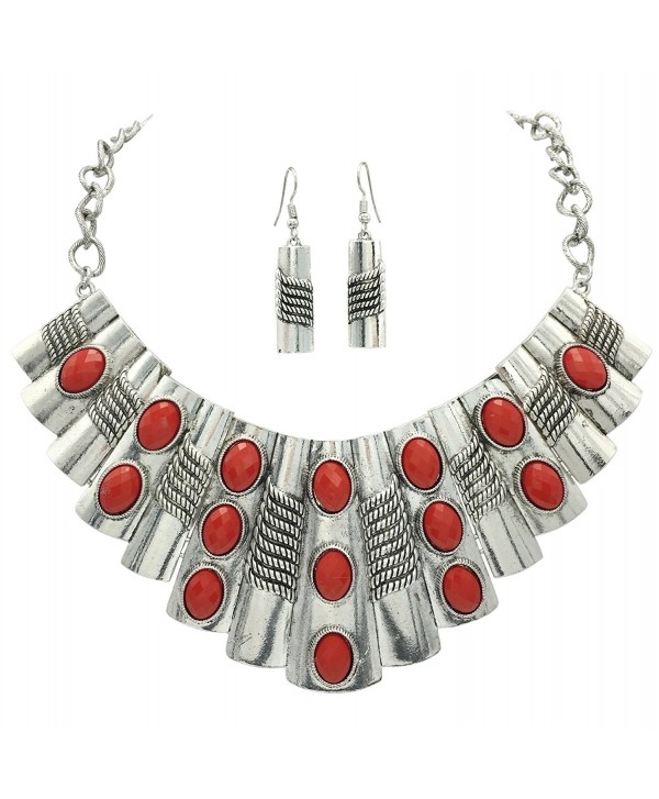 Large Abstract Bib Statement Silver Tone Boutique Necklace & Earrings Set -Assorted Colors - CF184A5OEM6