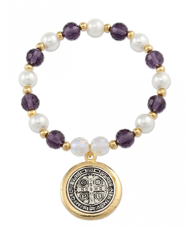 San Benito Medal Bracelet with Gold Plated- Crystals and Glass Simulated Pearl Beads- 3.5 Inch - CN11T2SSH8P
