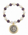 San Benito Medal Bracelet with Gold Plated- Crystals and Glass Simulated Pearl Beads- 3.5 Inch - CN11T2SSH8P