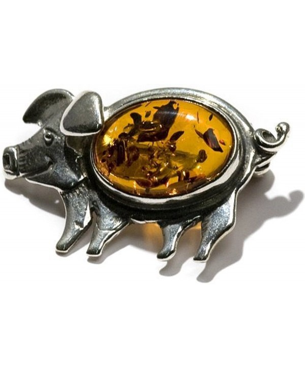 Amber Sterling Silver Antique Collectable Happy Pig Pin Brooch - C811B5LSQND