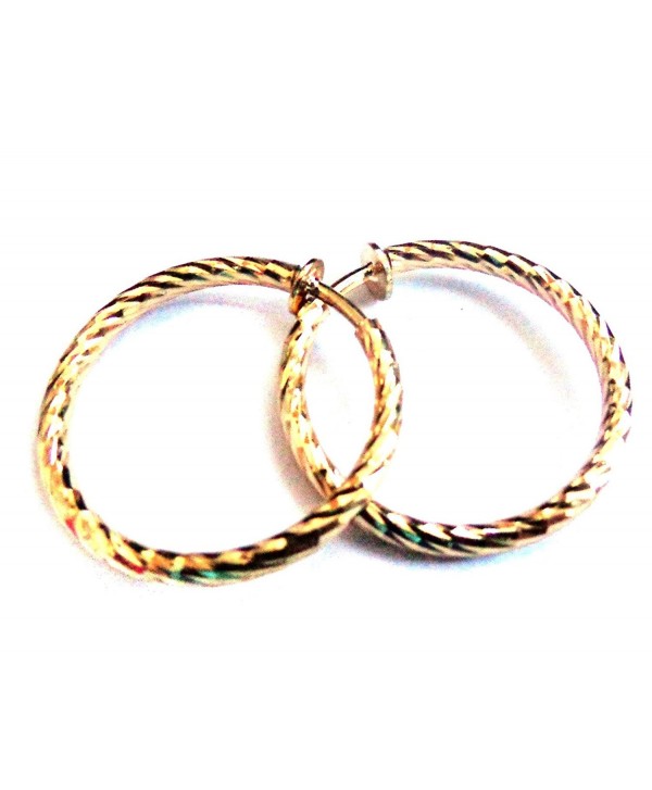 Clip on Earrings 1 inch Hoop Gold Or Silver Plated Textured Hoops Non Pierced - CF12JSP7953
