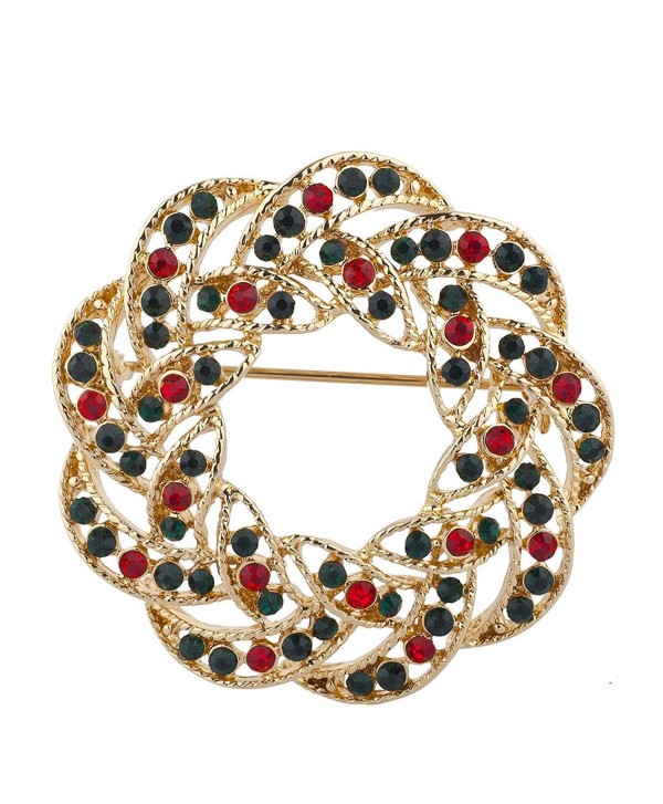 Lux Accessories Gold Tone Green Red Rhinestones Wreath Christmas Xmas Brooch Pin - CK185G4ZO9C