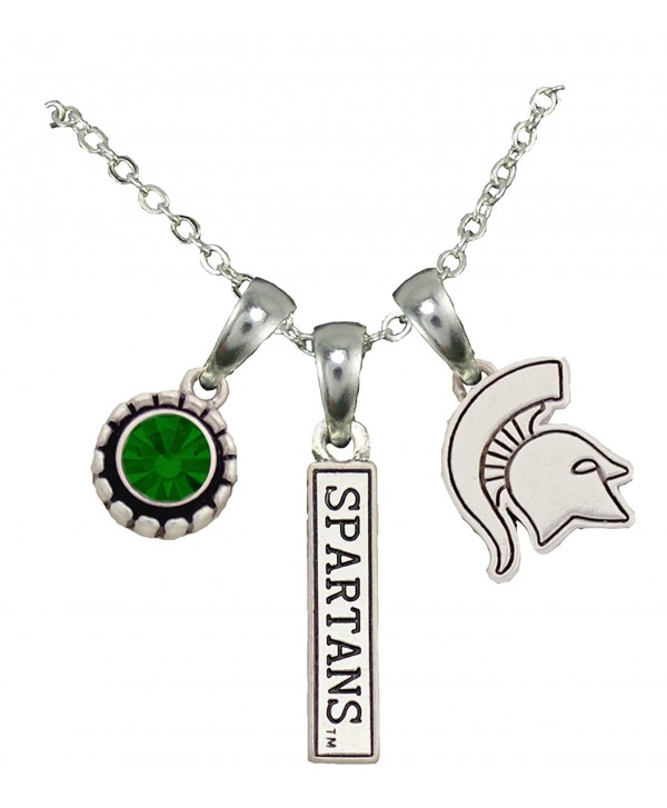 Michigan State Spartans 3 Charm Green Crystal Silver Chain Necklace Jewelry MSU - CQ12CF5F1PD