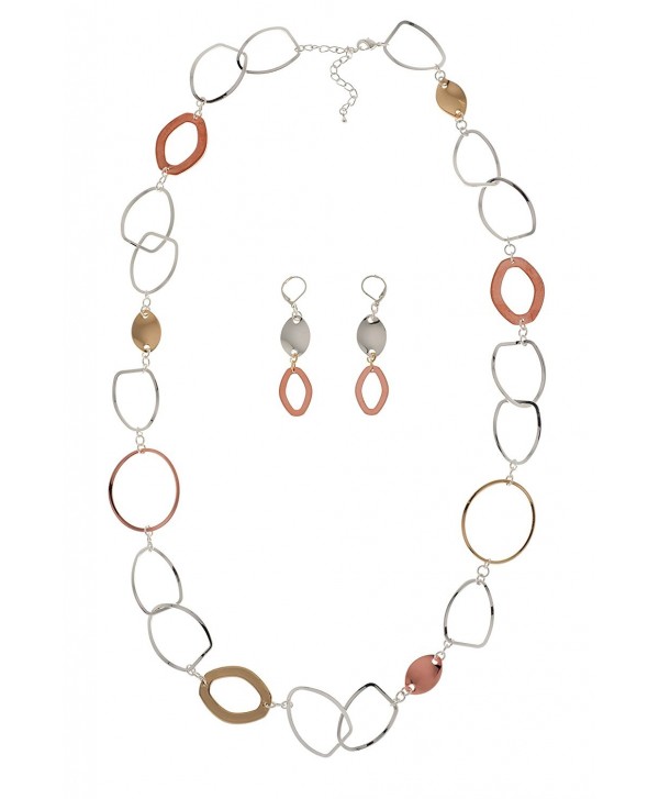 TRICOLOR Long Link Necklace & Earrings Set - Sparkling Plated Copper- Brass- Silver - C4125SHO58T