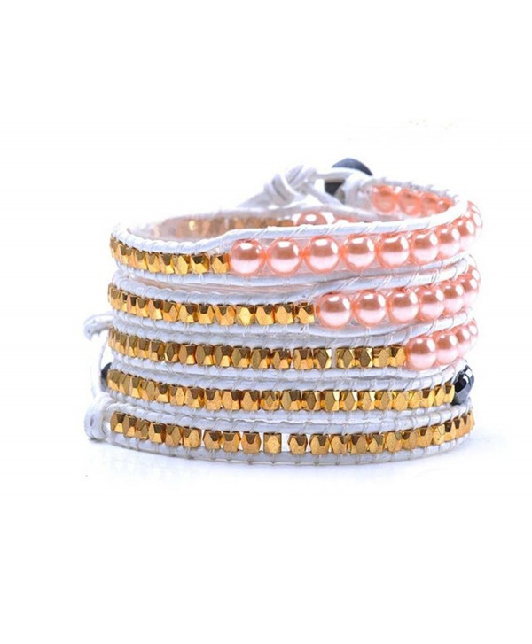 Lin Suu Jewelry White Leather Long Wrap Bracelet Pink 34 inches 5 Wraps - CN11MBJLNUV