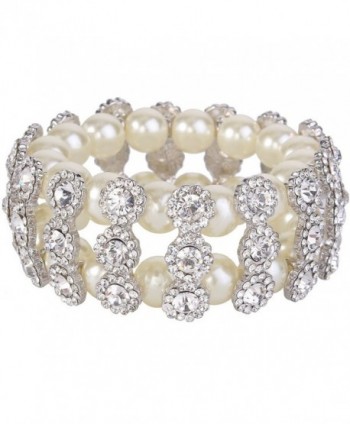 EVER FAITH 2 Layer Bridal Flower Cream Simulated Pearl Stretch Bracelet Clear Austrian Crystal - CO11LW5KGDF