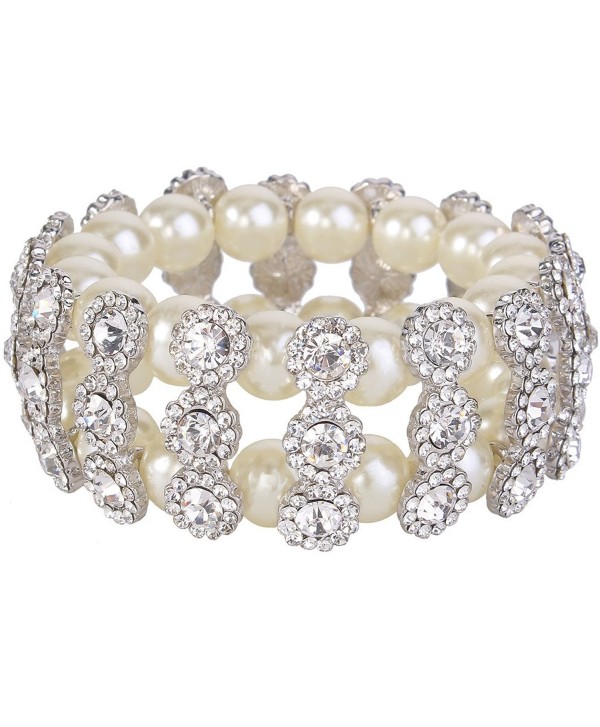 EVER FAITH 2 Layer Bridal Flower Cream Simulated Pearl Stretch Bracelet Clear Austrian Crystal - CO11LW5KGDF