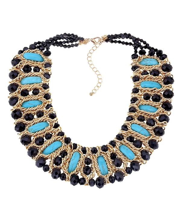 Crystals Beads and The Moon-shape Turquoise Strand Fashion Statement Necklace for Girl & Women - Black - CE183L50TQ2