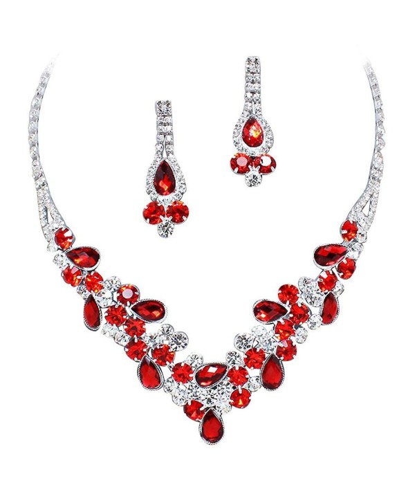 Elegant Red V-Shaped Garland Prom Bridesmaid Evening Necklace Set Silver Tone L1 - CE11P9GNVKX