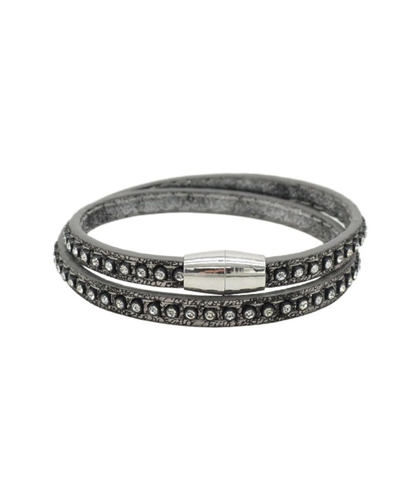 Victoria Echo Unisex 2 Rounds Crystal Sparking Magnetic Clasp Leather Bracelet Bangle - grey - CE12IP7RMHF