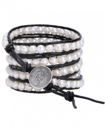 Aobei Long 5 Row Cultured Freshwater Pearls Wrap Around Bracelet Beaded Leather Jewelry - CT12NBUF0CF