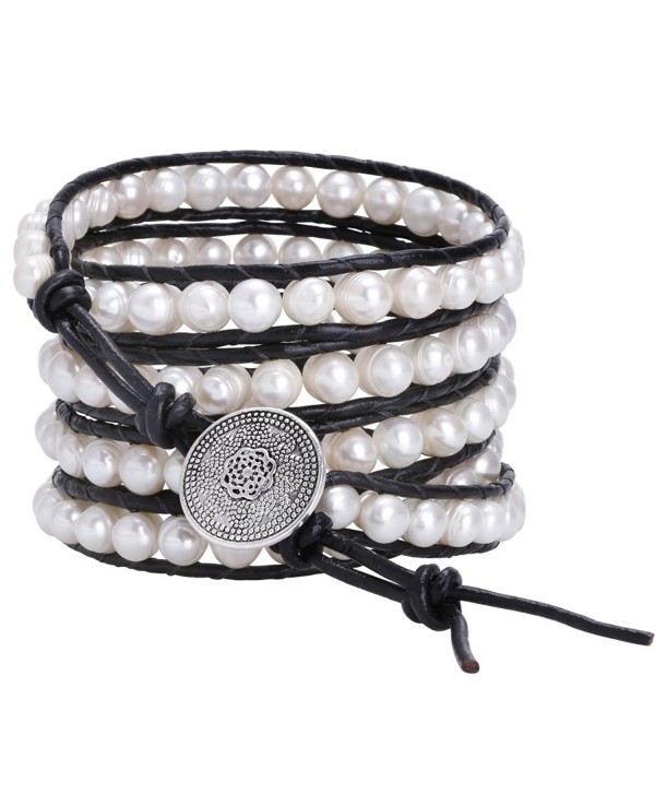 Aobei Long 5 Row Cultured Freshwater Pearls Wrap Around Bracelet Beaded Leather Jewelry - CT12NBUF0CF