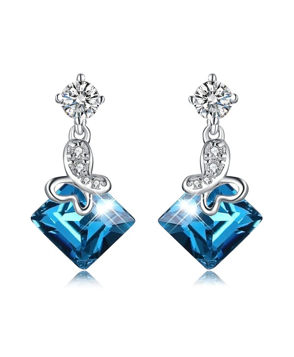 Ocean Blue Cube Crystal Drop Dangle Earrings 925 Sterling Silve Square Cubic Earring For Woman - C51886M8RTH