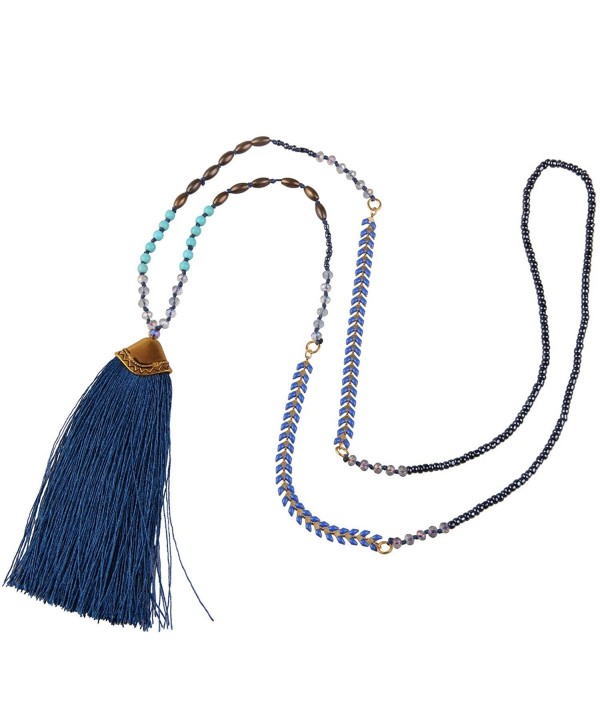 KELITCH Syuthetic Turquoise Crystal Beaded Necklace Tassel Layering Pendant Necklace New Jewelry - Dark Blue - CC12DOQH0LF