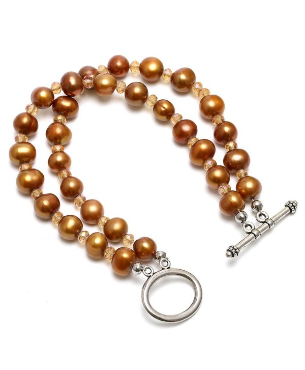 Aobei Dyed Bronze Freshwater Cultured Pearls Bracelet-Two Strands Knotted Pearls Jewelry Wristband - CR17Y0RM7YC